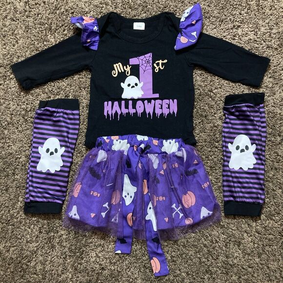My First Ghost Halloween One-piece Skirt 3-6m Black & Purple 4pc Set Costume - Picture 1 of 8